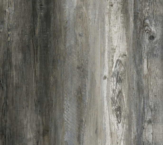 Wood-look tile flooring in shades of gray and beige.