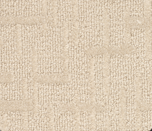 Beige patterned carpet with a geometric design.