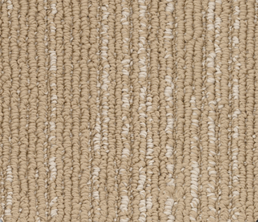 Beige carpet with textured looped design and vertical lighter-colored streaks.