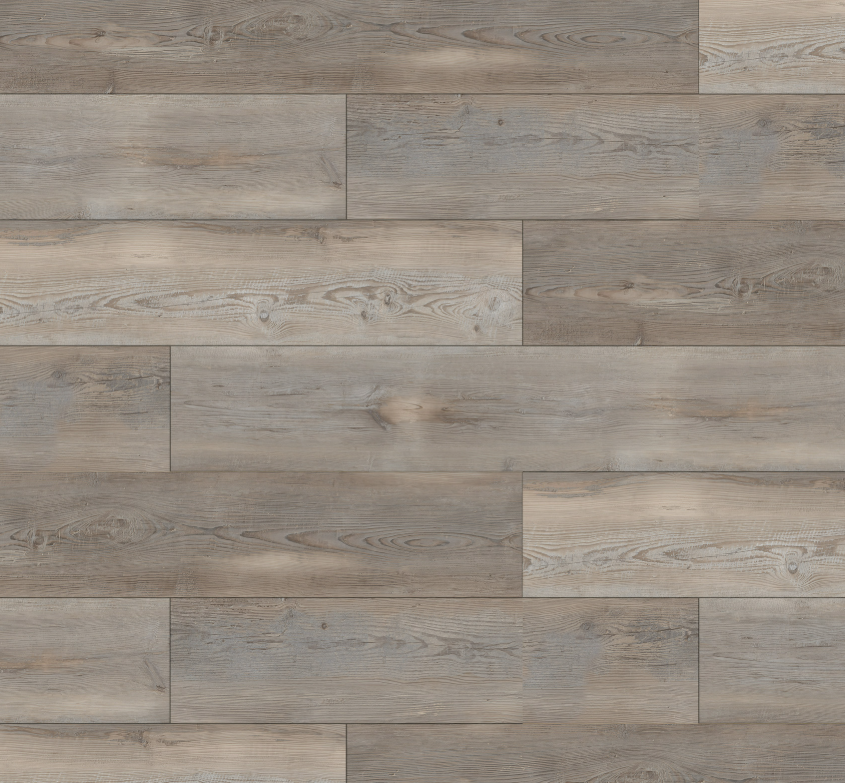 Wood-look flooring in shades of gray and brown with visible grain patterns.
