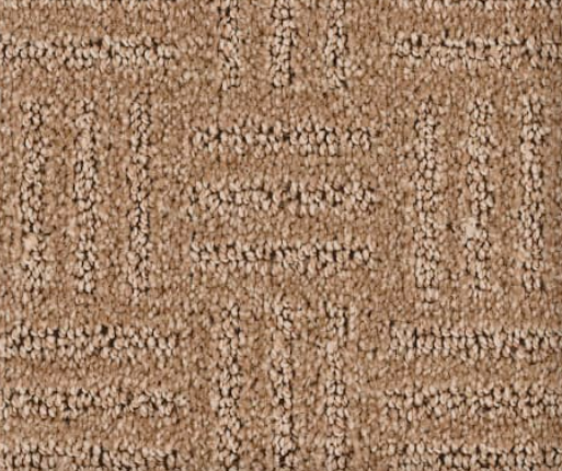 Beige carpet with a repeating geometric pattern.