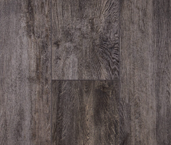 Dark gray wood-look flooring with grain details, suitable for interiors.