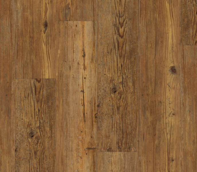 Brown wood plank flooring, distressed look.