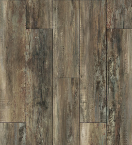 Dark wood-look flooring with varying brown, gray, and tan tones, planks arranged in a staggered pattern.