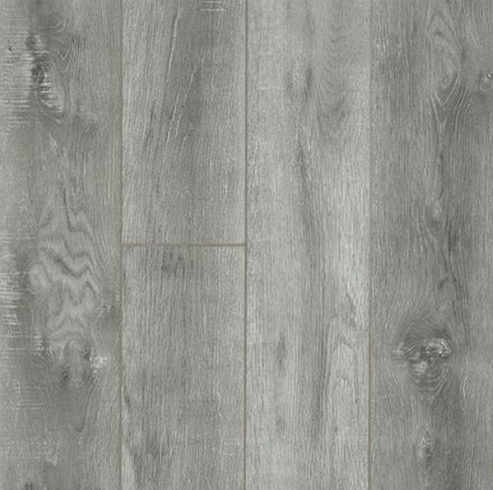 Gray wood-look flooring with vertical grain and subtle variations in color and texture.