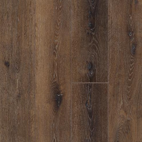 Dark brown wood-look flooring with prominent grain and knots.