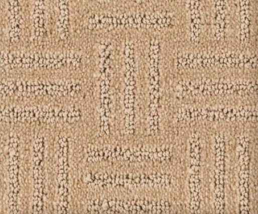 Beige patterned carpet with a geometric design.