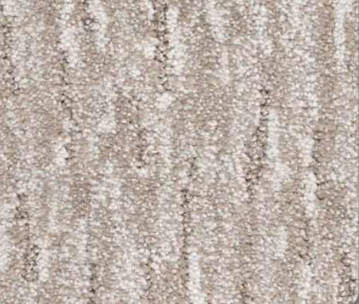 Close-up of a neutral-colored, textured carpet. Vertically oriented rows create a pattern.