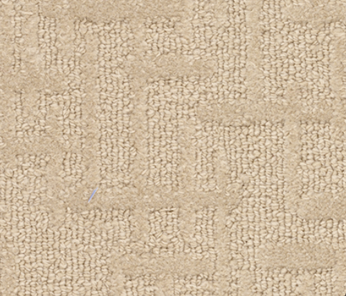 Beige patterned carpet, textured with darker geometric design.