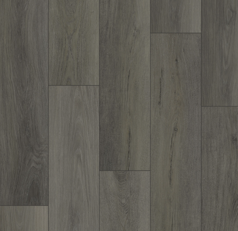 Dark gray wooden floor planks arranged in a staggered pattern.