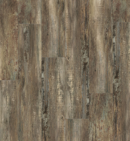 Wood-look flooring in shades of brown and gray, with a weathered, textured appearance.