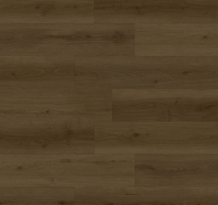 Dark brown wood-look flooring with visible grain and knots.