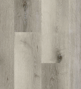 Gray wood-look flooring with light and dark streaks and knots.