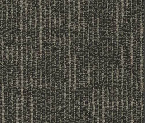 Textured carpet in shades of charcoal gray and light beige, vertical stripes pattern.