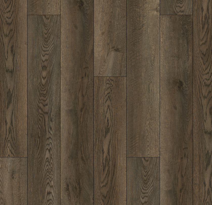 Dark brown wood floor with vertical planks and visible grain.