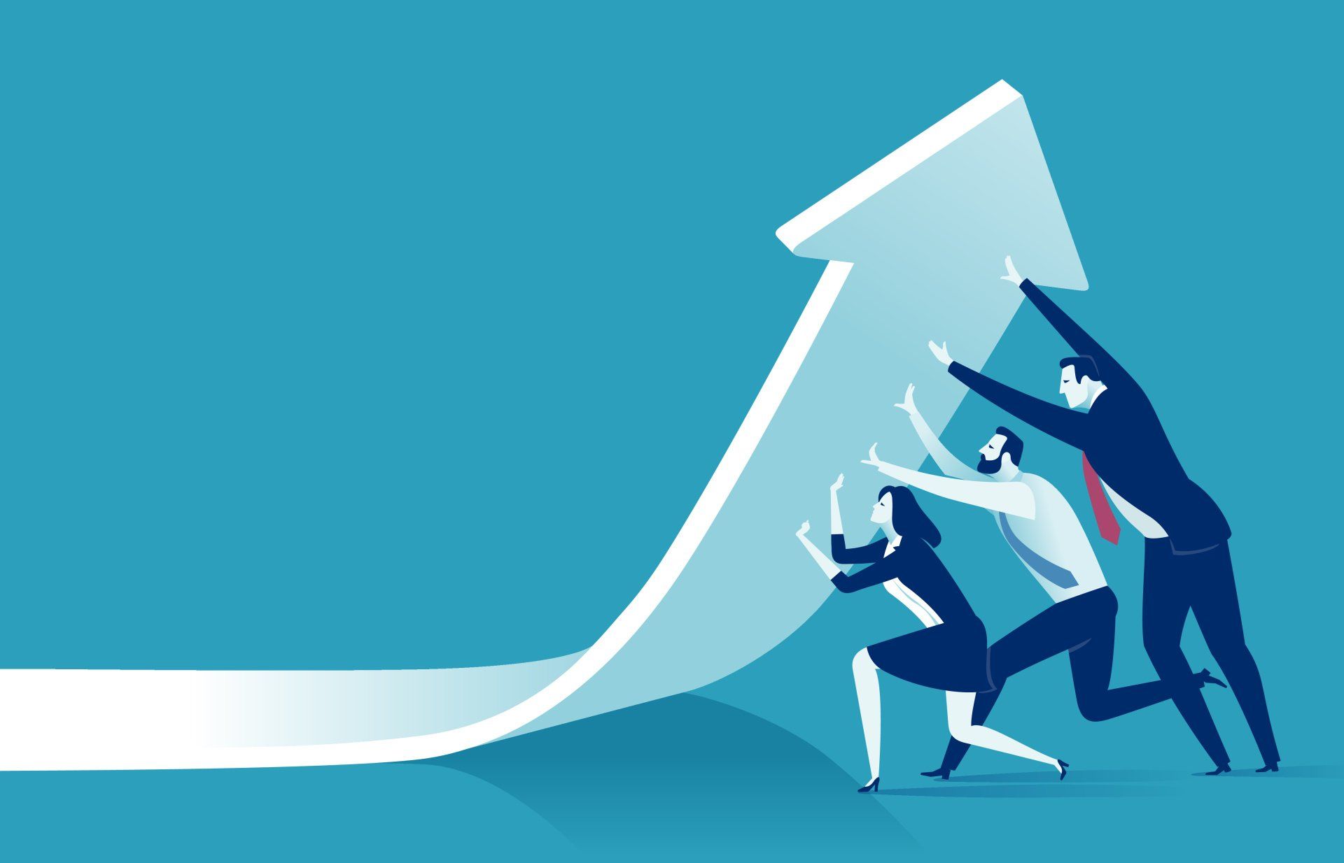 A group of business people are pushing an arrow up.