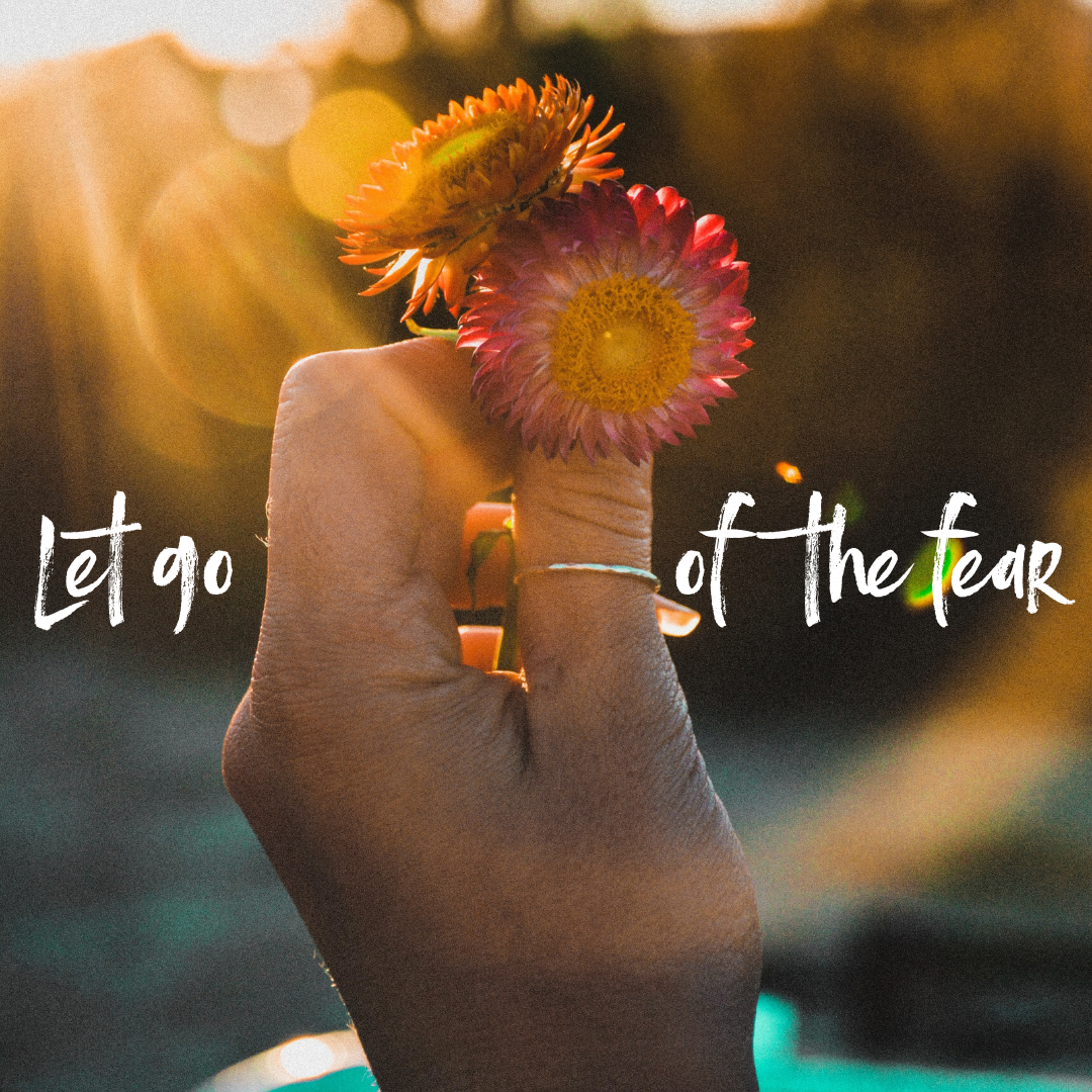 A hand holding a flower with the words let go of the fear written on it