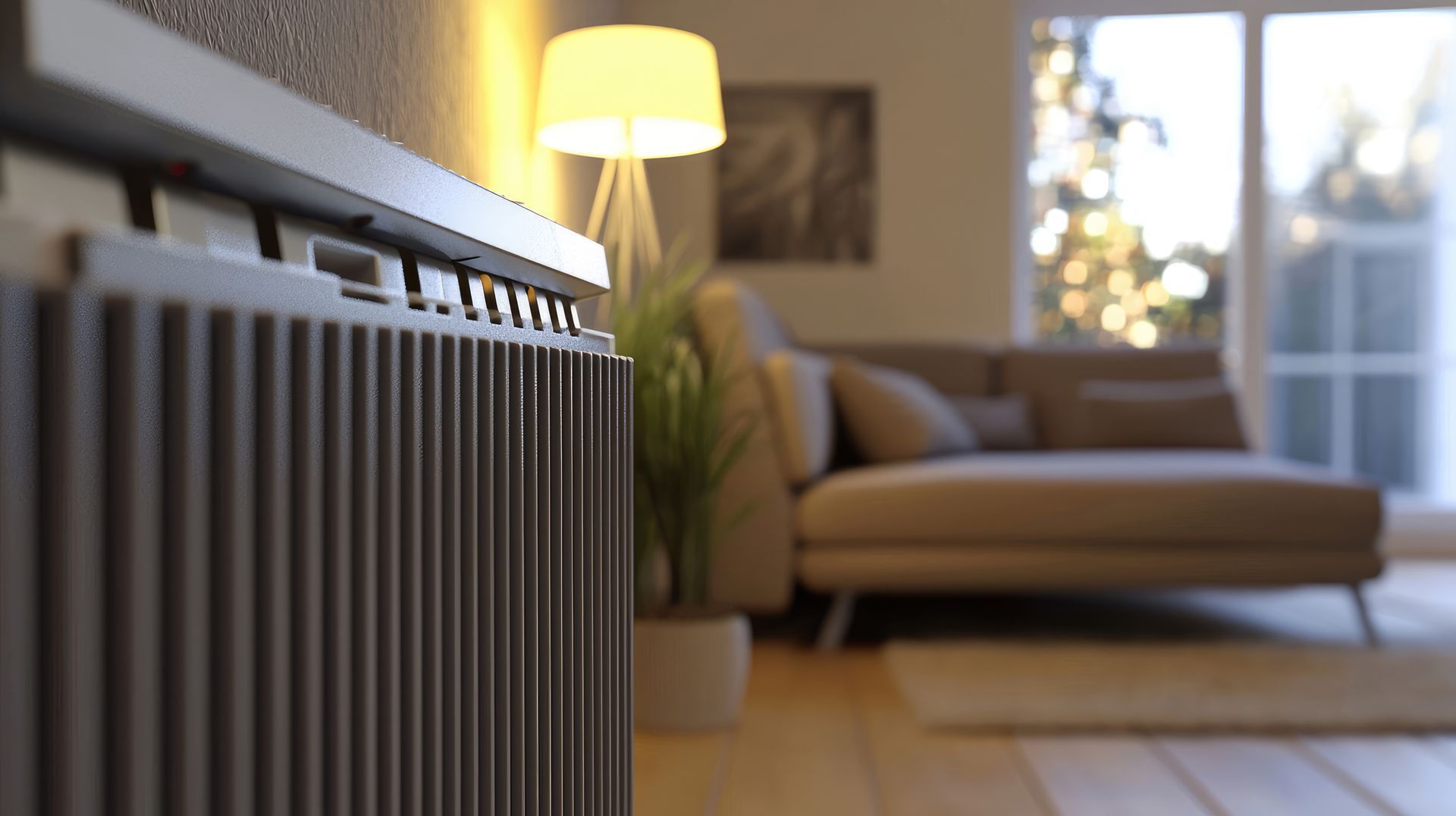Radiator in a living room with a couch and window in the background. Soft lighting.