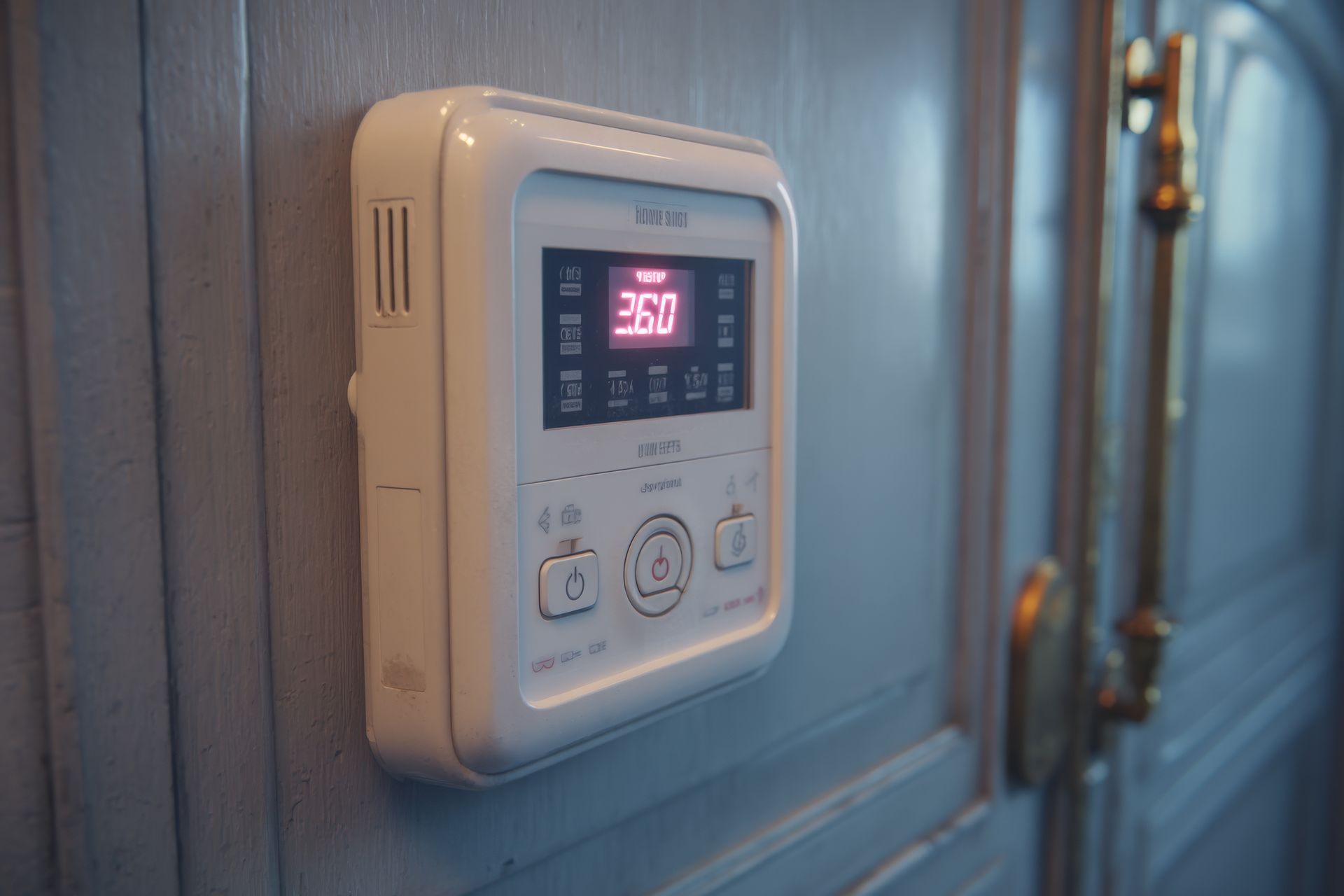 White digital controller on a blue door, displaying the temperature 36.0 in red. A brass doorknob is partially visible.