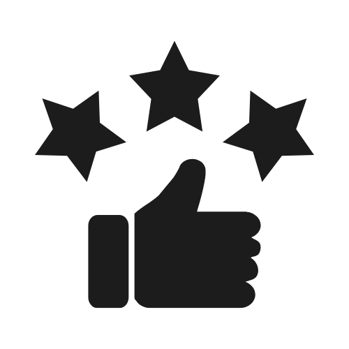 Thumb up with three stars above it, indicating a good review.