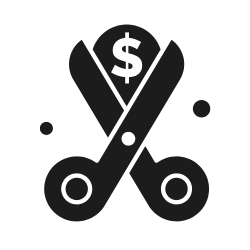 Scissors cutting a dollar coin, representing cost savings or a price reduction.