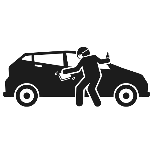 Person wearing a mask, using a tablet near a car, possibly trying to open it.