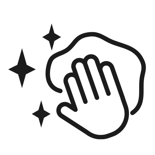 Hand wiping a surface, with three sparkle icons.