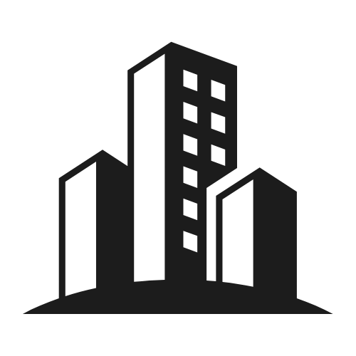 Black and white illustration of three buildings of varying heights, representing a city skyline.