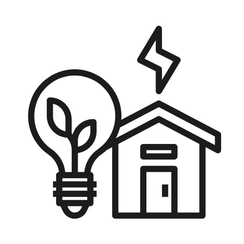 Lightbulb with leaves next to a house, electric bolt above, suggesting green energy for home.