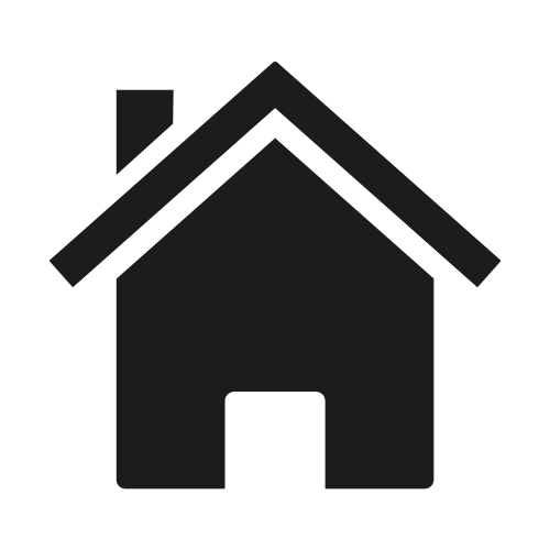 Black house icon with a chimney and a doorway.