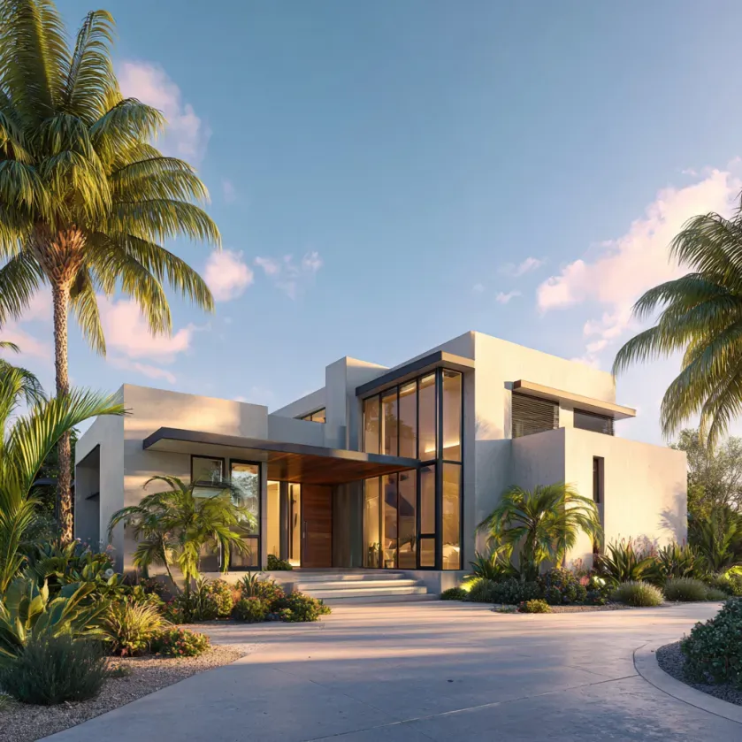 Modern white house with large windows, palm trees, and a concrete driveway under a blue sky.