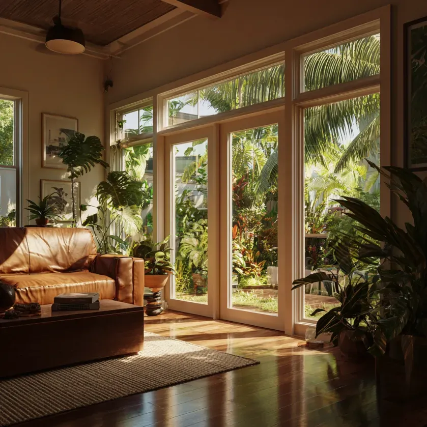 Living room with leather sofa, coffee table, and large windows overlooking a lush garden.