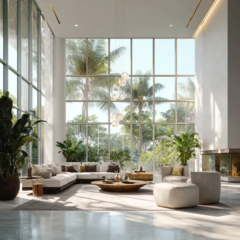 Luxurious living room with large windows, neutral furniture, plants, and outdoor view.