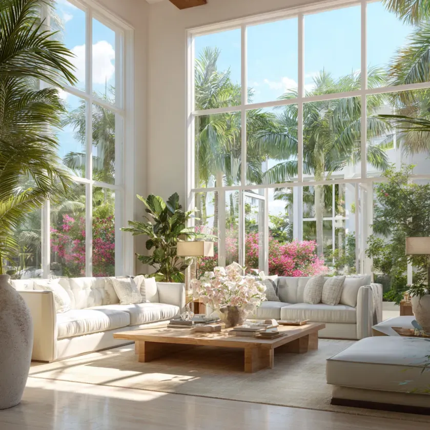 Bright living room with white sofas, large windows overlooking a tropical garden.