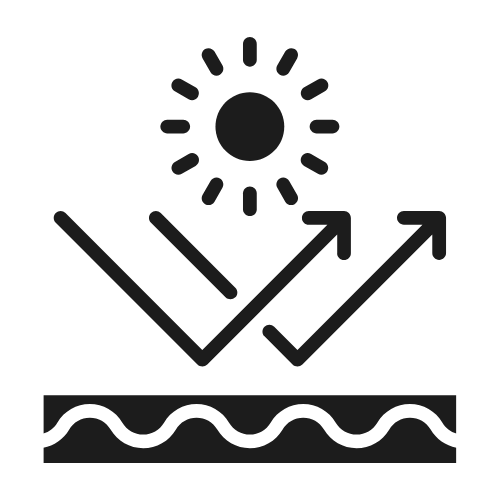 Sun reflecting off a wavy surface with upward arrows, indicating UV protection.