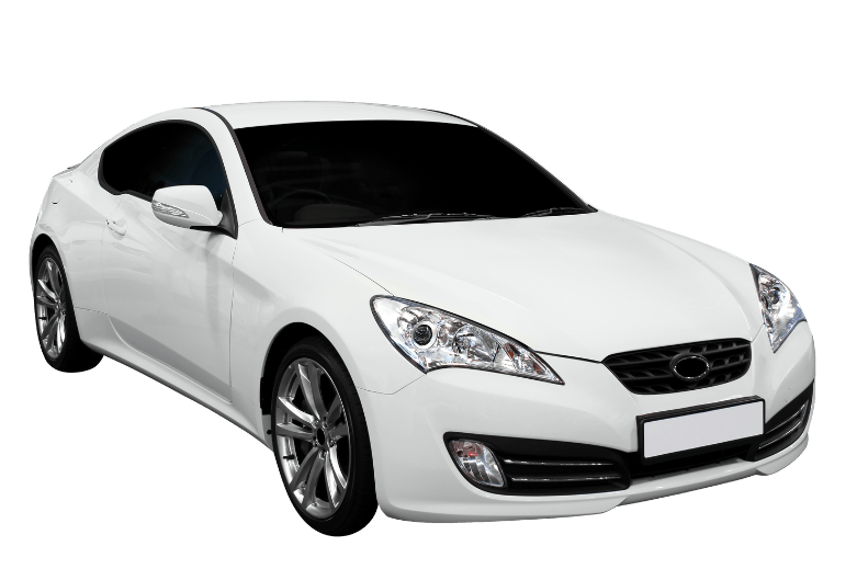White Hyundai Genesis coupe, angled view.