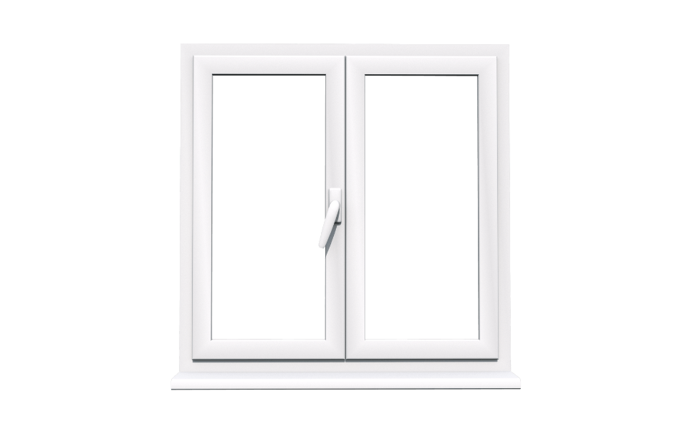 White double-hung window, with a handle on the left side, and open window panes, isolated on white.