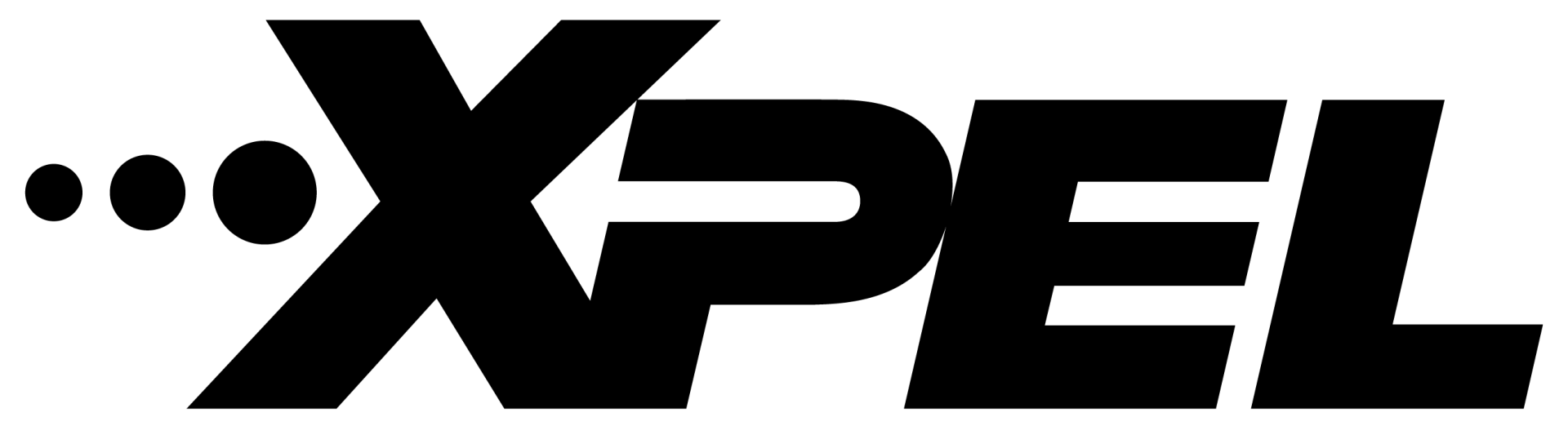 XPEL logo with three dots and angled letters in black.
