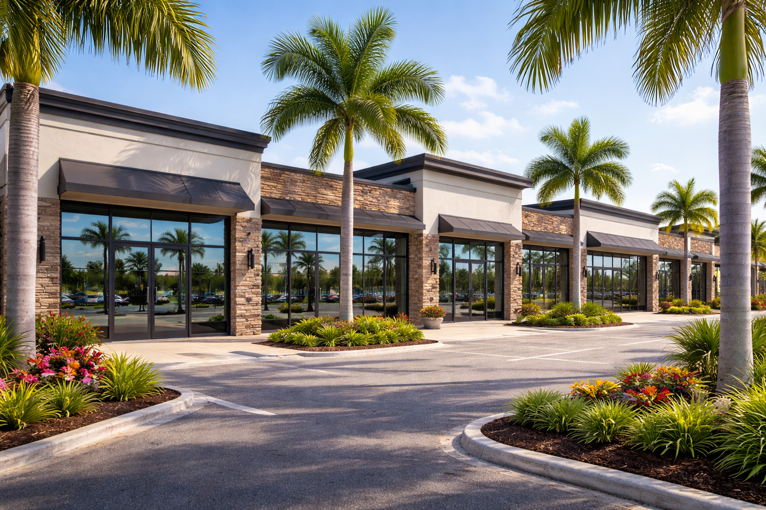 Commercial storefronts with black awnings, palm trees, and landscaping.