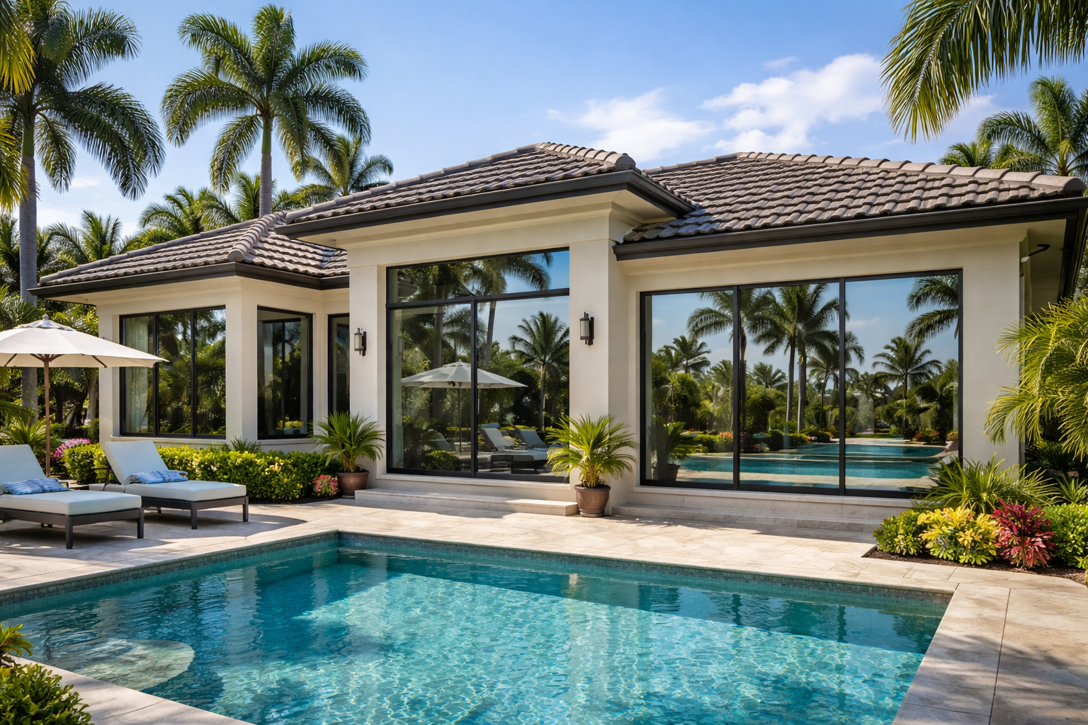 Luxury home with pool; large windows reflect palm trees.