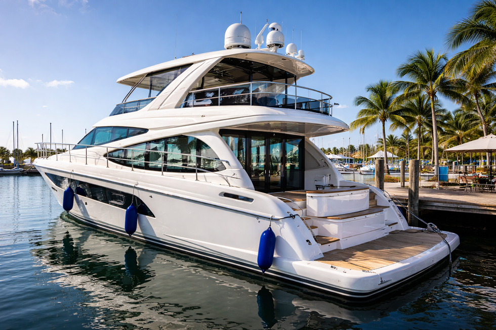 White yacht docked in a harbor, blue buoys, palm trees in the background, sunny day.