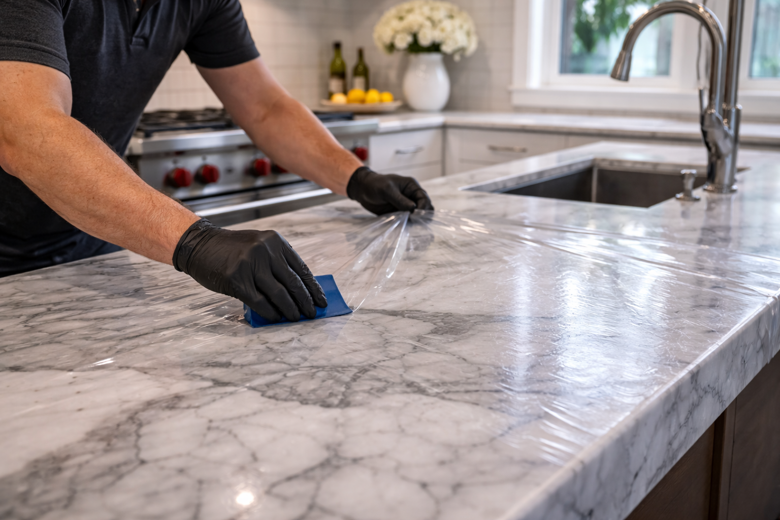 Person wearing black gloves smoothing protective film on a marble countertop in a kitchen.