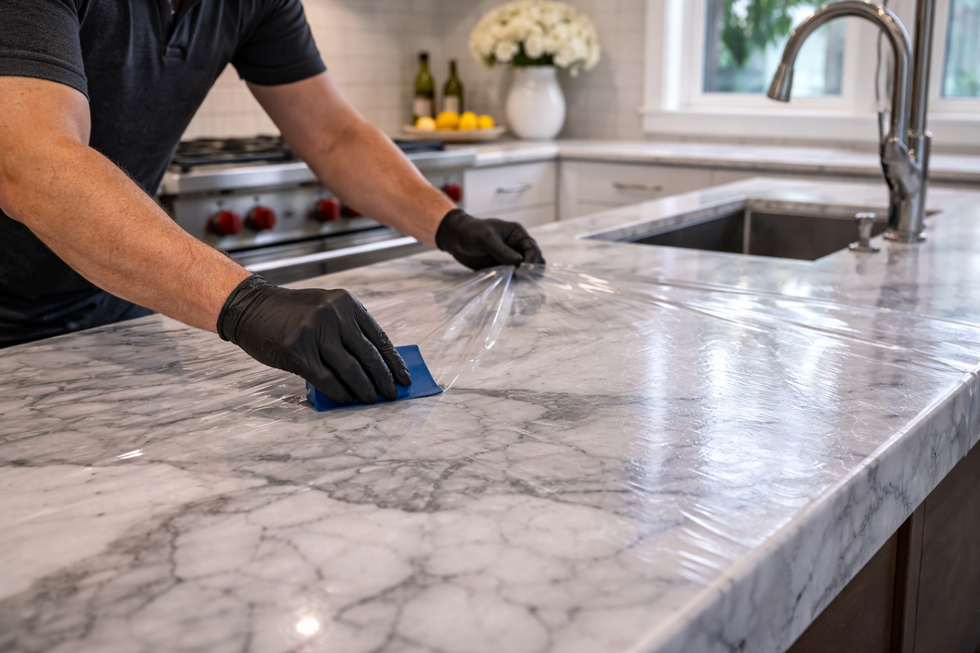 Person in black gloves applying a protective film to a marble countertop in a kitchen.
