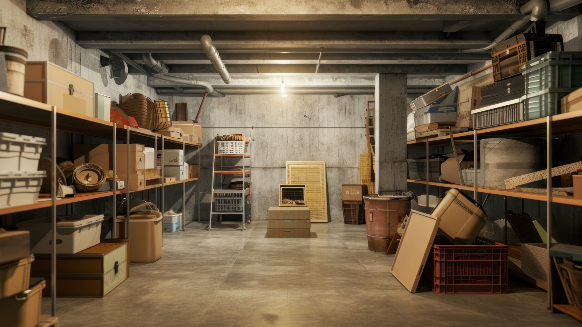 Cluttered basement with shelves of boxes, containers, and items. Cement walls, dim lighting.