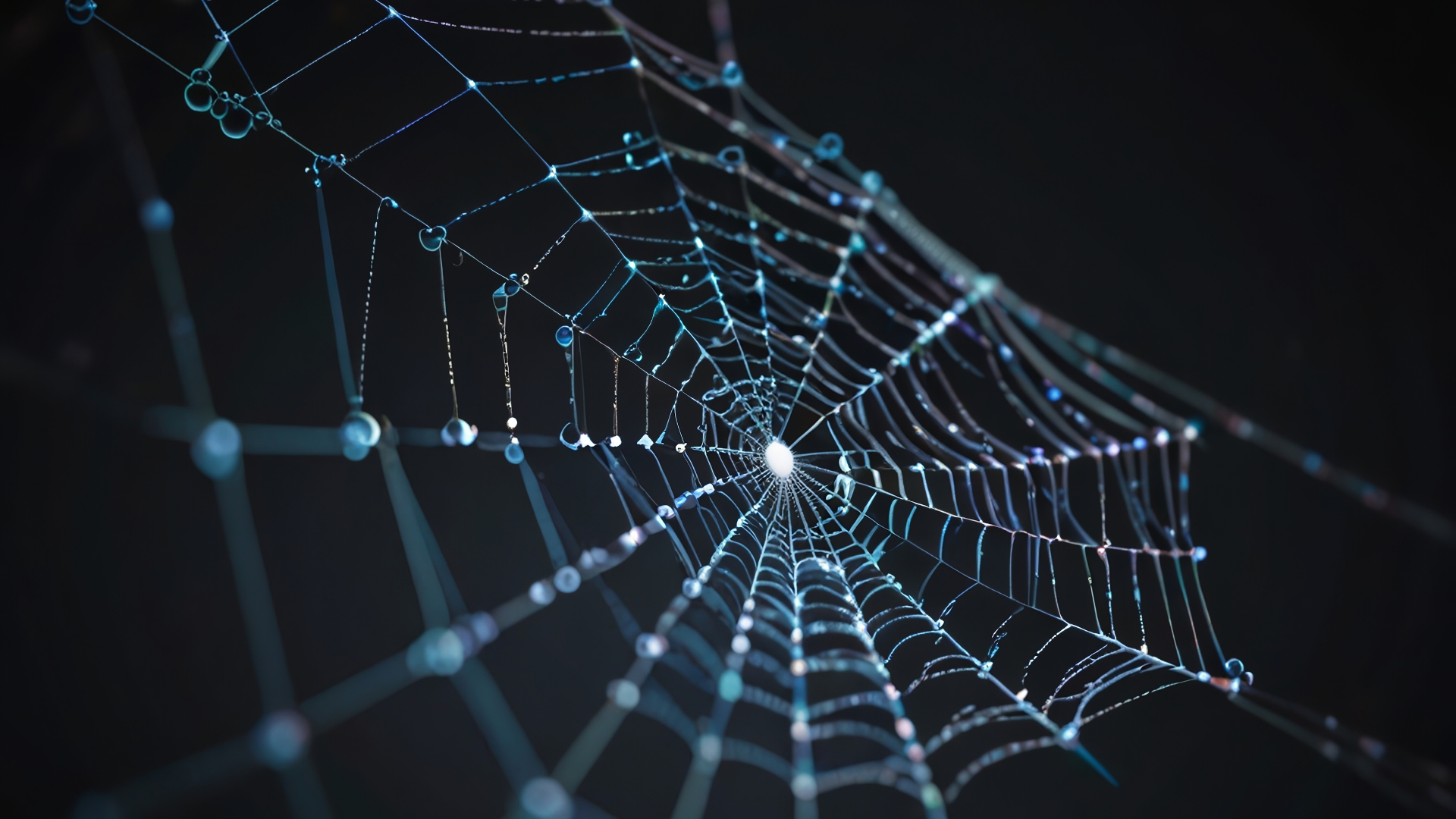 A close up of a spider web with water drops on it.