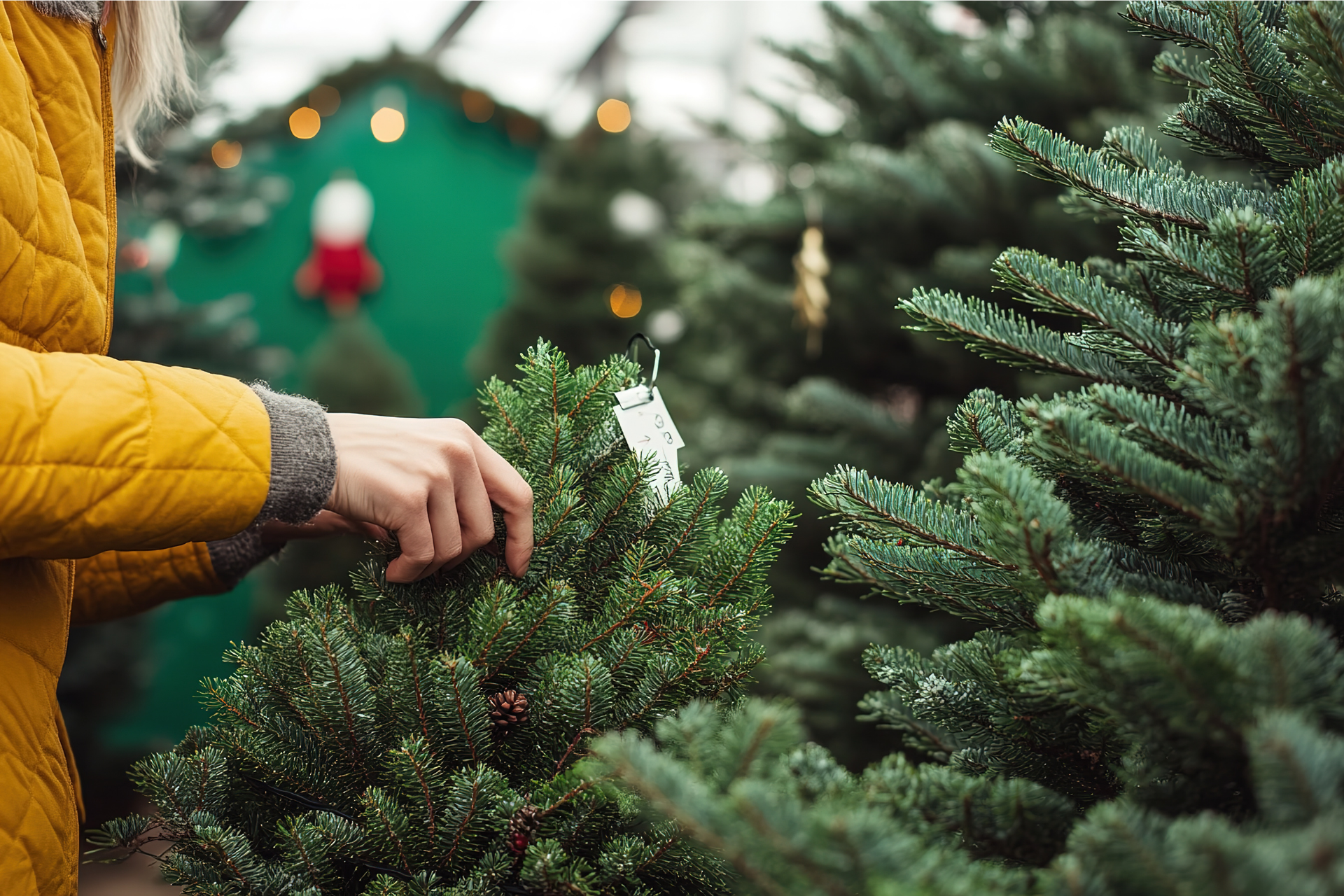 A woman is picking a christmas tree at a christmas tree farm.