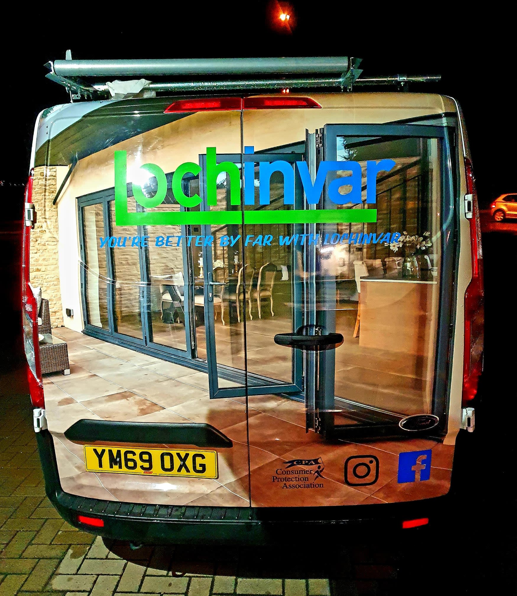 signage on the back of a van