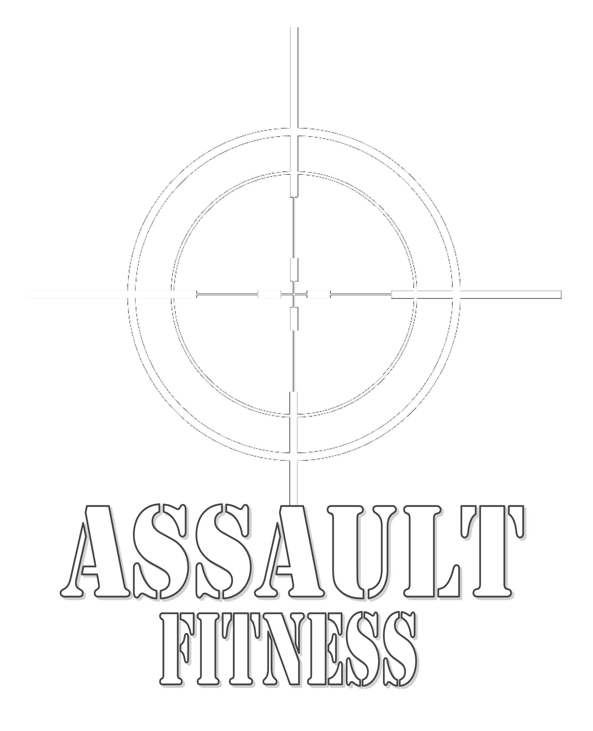 A black and white logo for assault fitness with a target in the center.