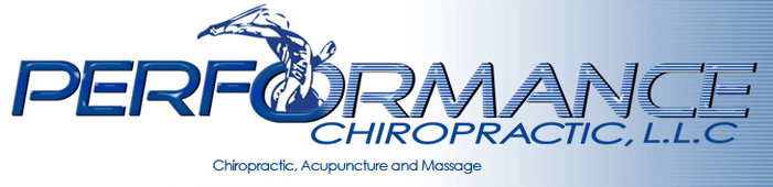 A blue and white logo for performance chiropractic llc