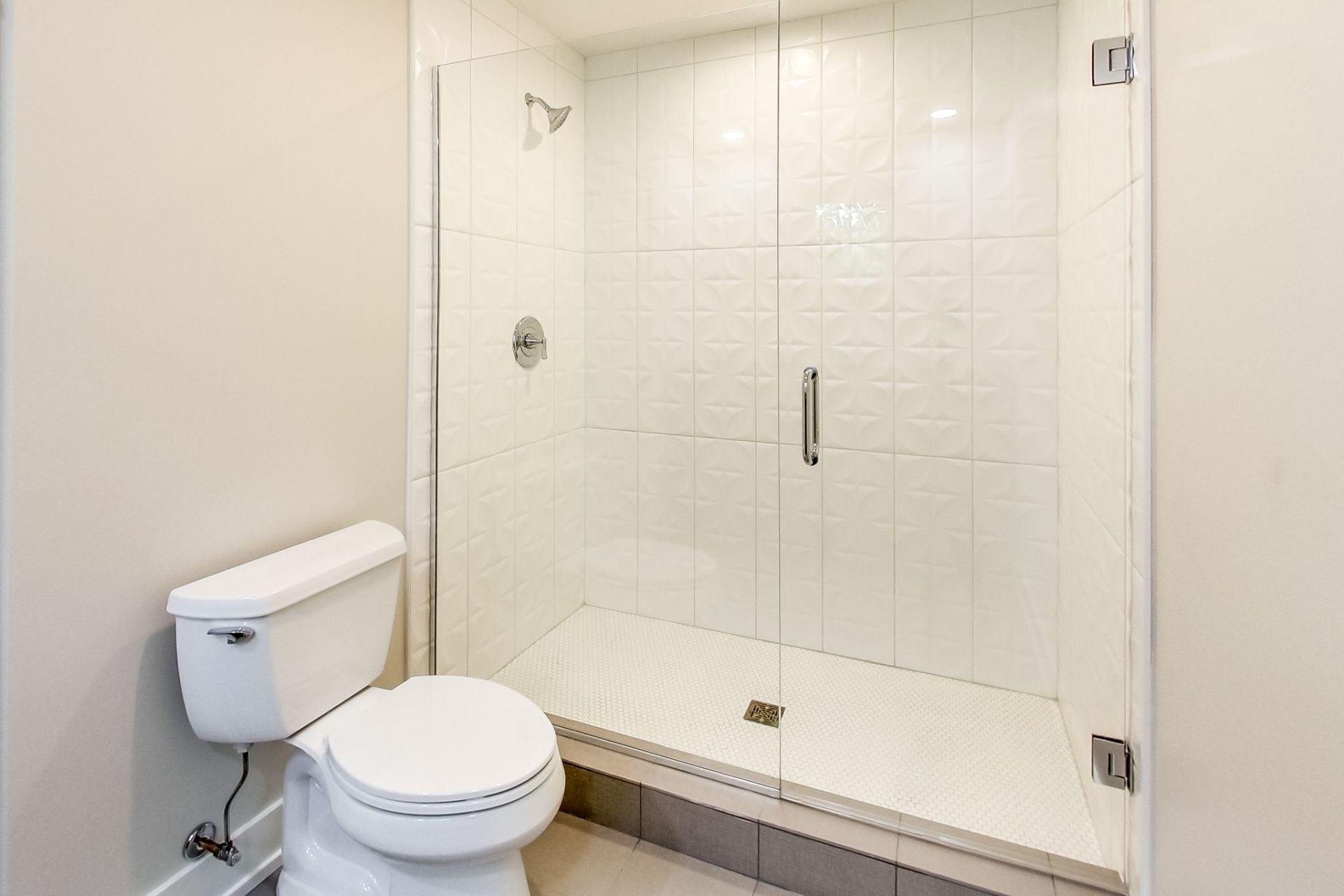 A bathroom with a toilet and a walk in shower.